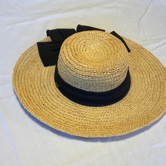 Raffia Sun Hat - Hand Crocheted with Black Cotton Back Bow - Picture 2 of 10